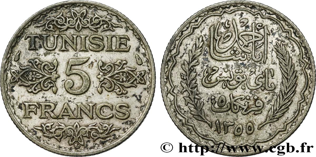 TUNISIE - PROTECTORAT FRANÇAIS 5 Francs AH 1353 1934 Paris TTB+ 