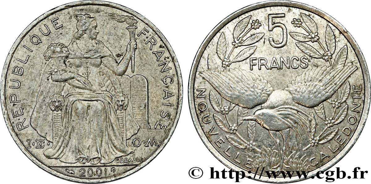 NOUVELLE CALÉDONIE 5 Francs I.E.O.M. représentation allégorique de Minerve / Kagu, oiseau de Nouvelle-Calédonie 2001 Paris TTB+ 