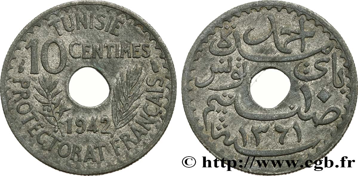 TUNISIA - Protettorato Francese 10 Centimes AH 1361 1942 Paris SPL 