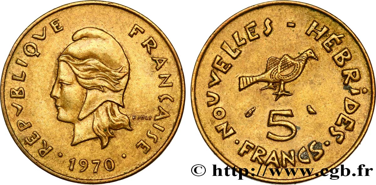 NEUE HEBRIDEN (VANUATU ab 1980) 5 Francs Marianne / oiseau 1970 Paris VZ 