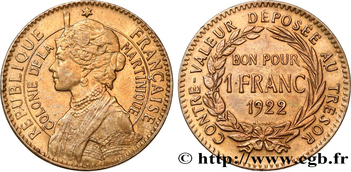 MARTINIQUE Bon pour 1 Franc 1922 sans atelier AU 