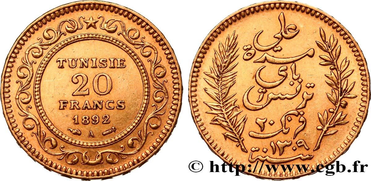 TUNISIA - Protettorato Francese 20 Francs or Bey Ali AH 1309 1892 Paris q.SPL 