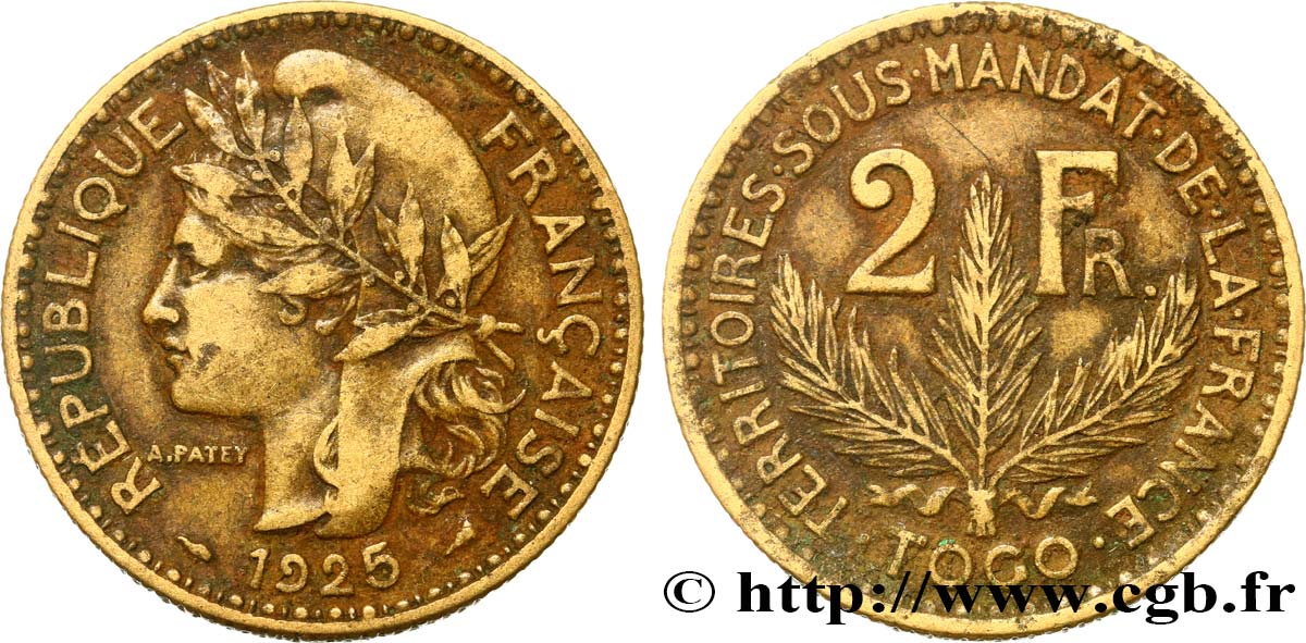 TOGO - FRANZÖSISCHE MANDAT 2 Francs 1925 Paris fSS 