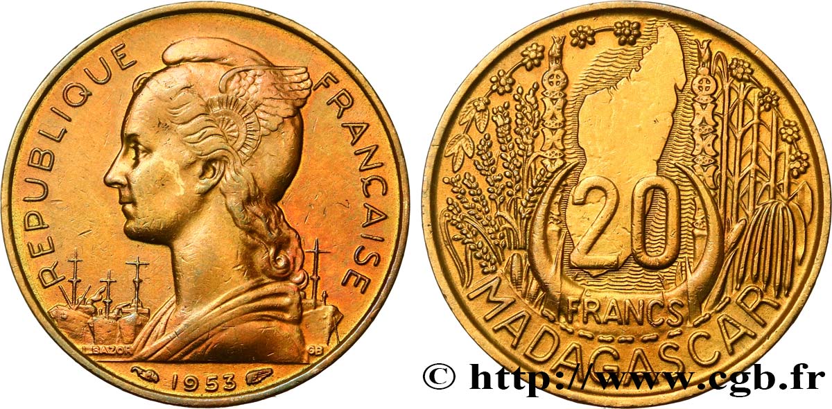 MADAGASCAR French Union 20 Francs 1953 Paris AU 