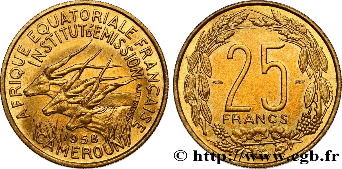 AFRIQUE ÉQUATORIALE FRANÇAISE - CAMEROUN 25 Francs antilopes 1958 Paris SUP 