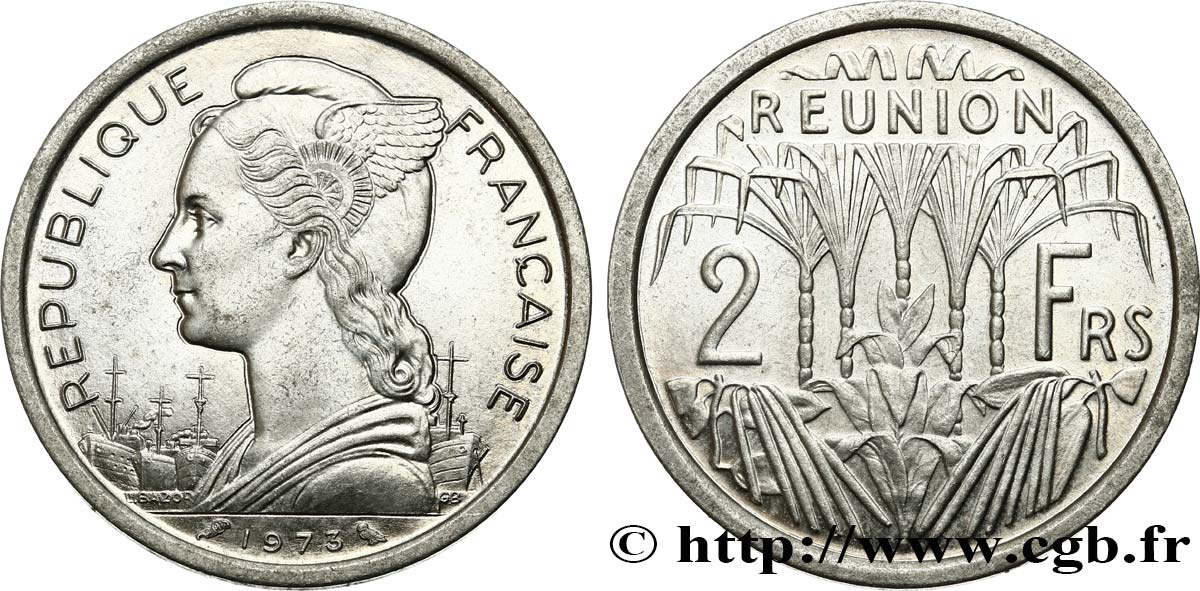 REUNION INSEL 2 Francs Marianne / canne à sucre 1973 Paris VZ 