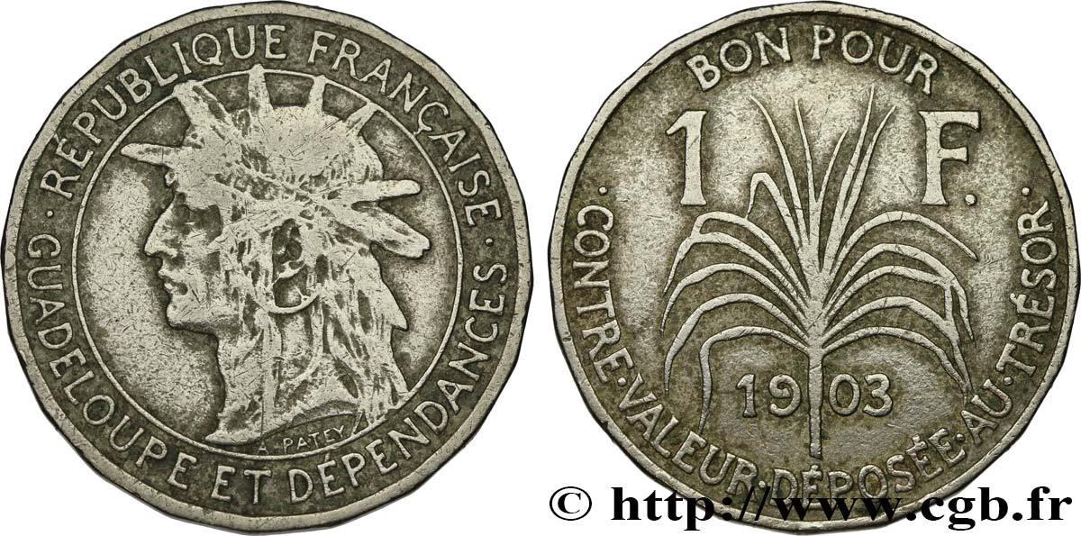 GUADELOUPE Bon pour 1 Franc indien caraïbe / canne à sucre 1903  VF 