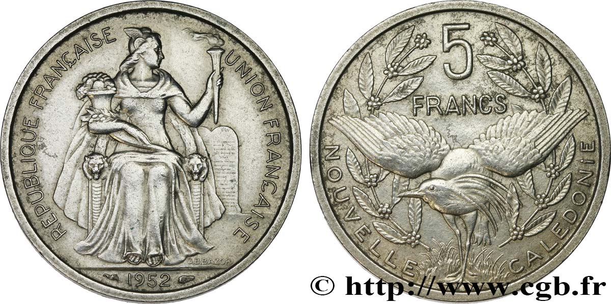 NEW CALEDONIA 5 Francs Union Française représentation allégorique de Minerve / Kagu, oiseau de Nouvelle-Calédonie 1952 Paris AU 