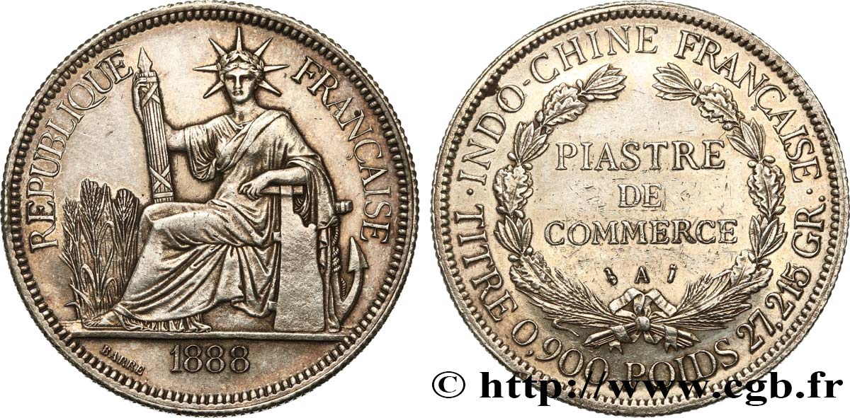 FRENCH INDOCHINA 1 Piastre de Commerce 1888 Paris fco_458506 Colonial coins