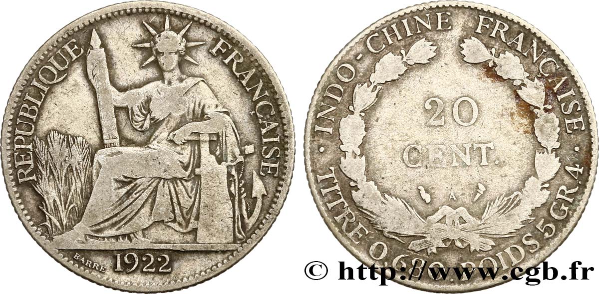 INDOCHINE FRANÇAISE 20 Centièmes 1922 Paris TB+ 