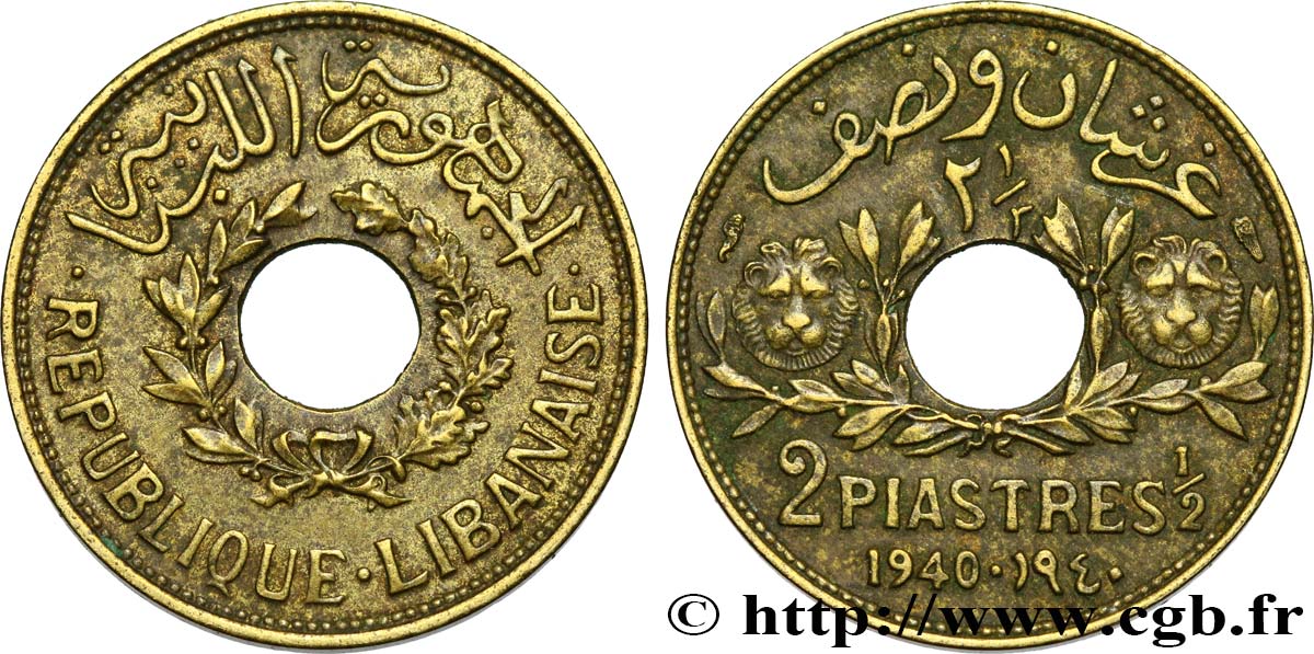 III REPUBLIC - LEBANON 2 1/2 Piastres 1940 Paris AU 