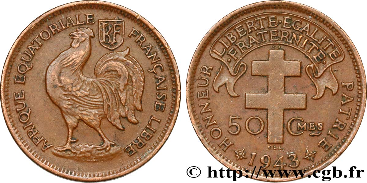 FRENCH EQUATORIAL AFRICA - FREE FRANCE  50 Centimes 1943 Prétoria AU 
