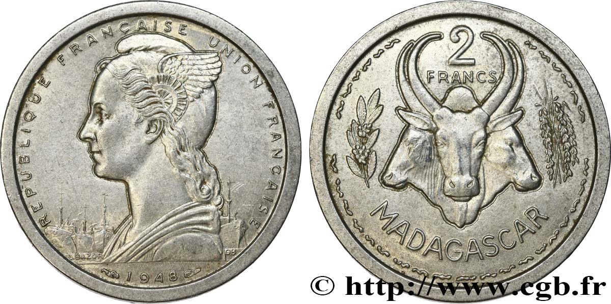 MADAGASCAR - UNIóN FRANCESA 2 Francs 1948 Paris EBC 