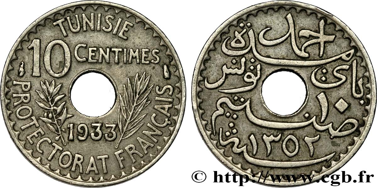 TUNISIA - Protettorato Francese 10 Centimes AH 1352 1933 Paris BB 