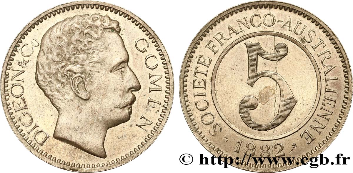 NEUKALEDONIEN 5 Francs Digeon &Co - Gomen 1882  fVZ 