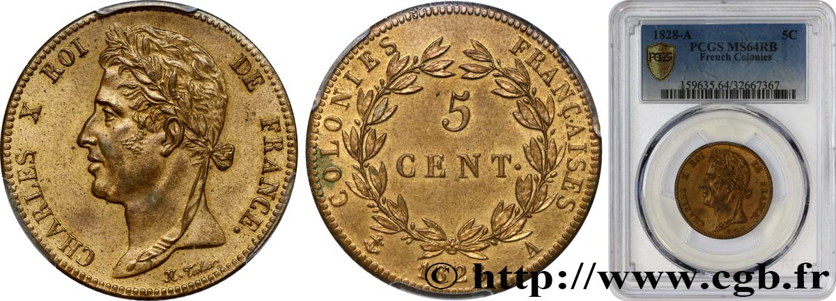 COLONIE FRANCESI - Carlo X, per Guyana 5 Centimes Charles X 1828 Paris - A MS64 PCGS