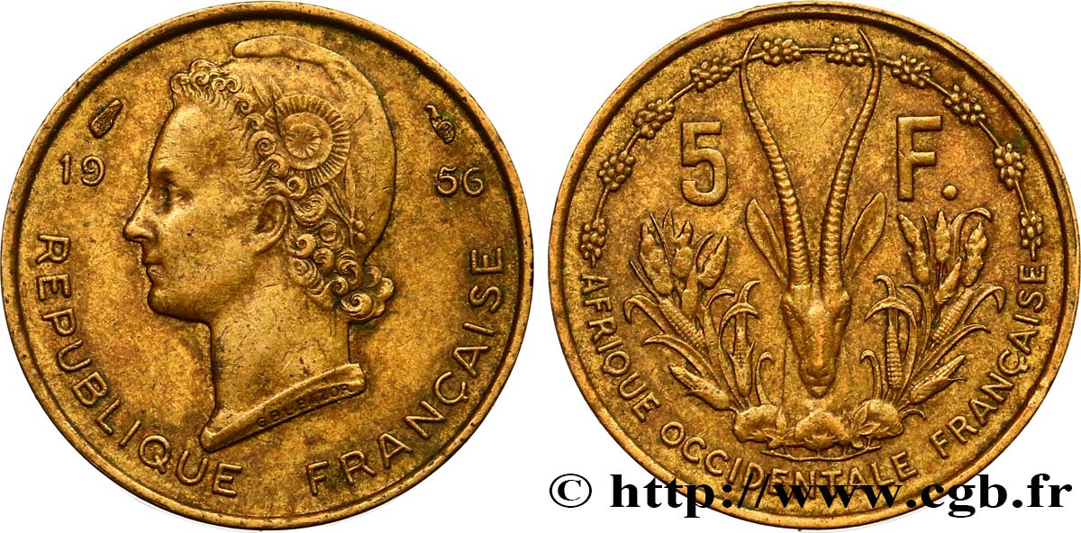 AFRICA FRANCESA DEL OESTE 5 Francs Marianne / antilope 1956 Paris MBC 