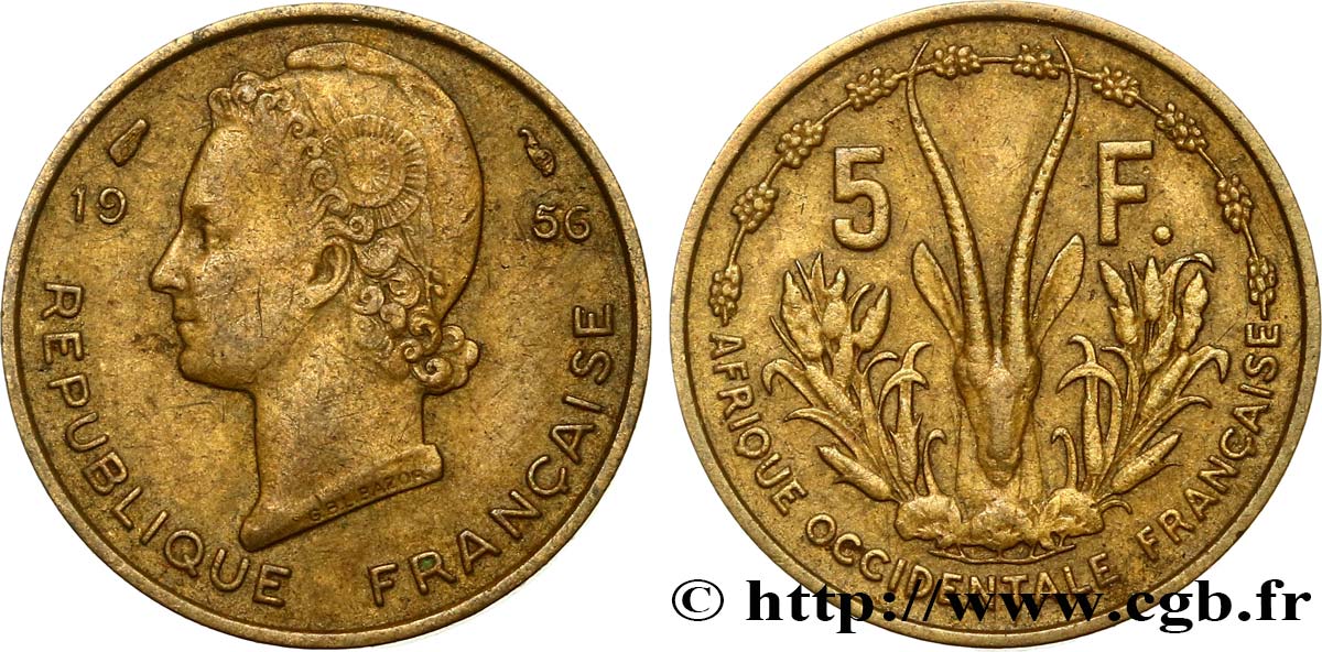 AFRIQUE OCCIDENTALE FRANÇAISE 5 Francs Marianne / antilope 1956 Paris TB+ 