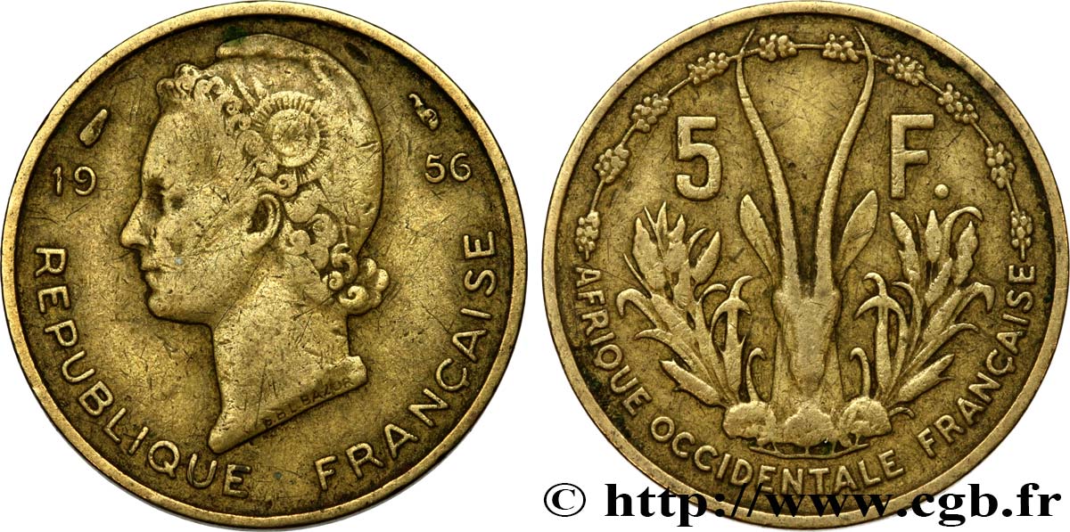 AFRIQUE OCCIDENTALE FRANÇAISE 5 Francs Marianne / antilope 1956 Paris TB+ 