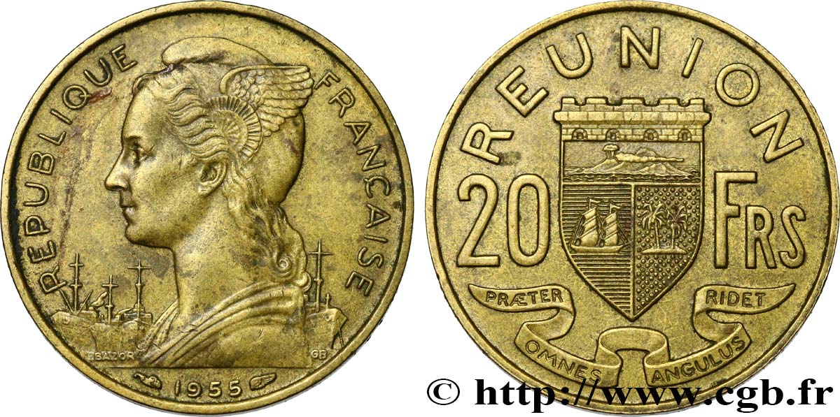 REUNION ISLAND 20 Francs Marianne / armes 1955 Paris XF 