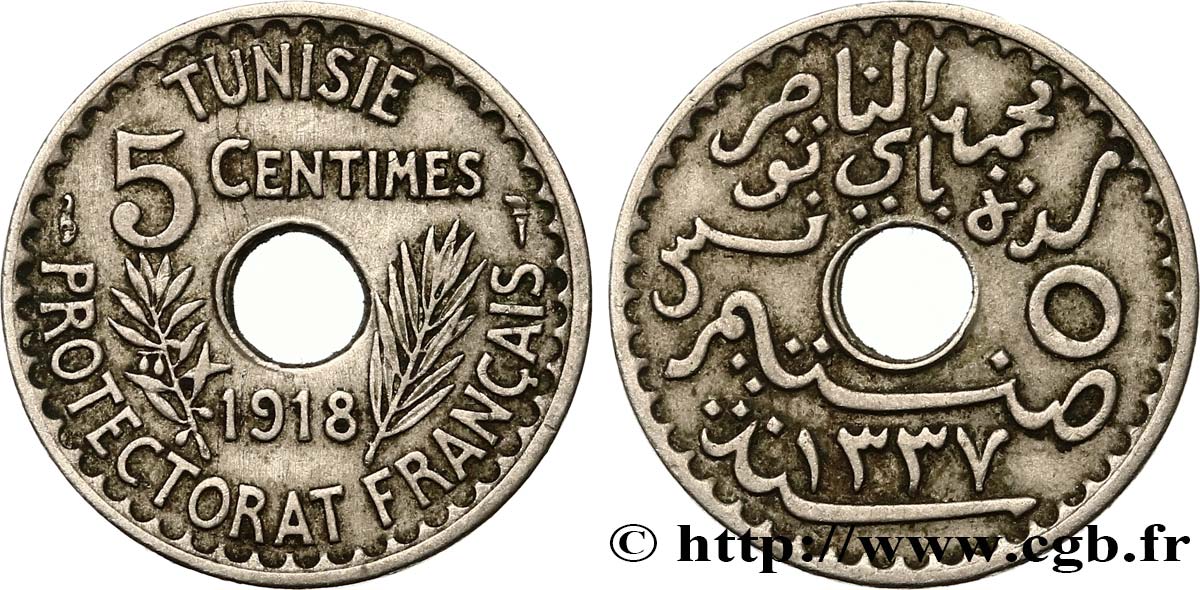 TUNISIE - PROTECTORAT FRANÇAIS 5 Centimes AH 1337 1918 Paris TTB+ 