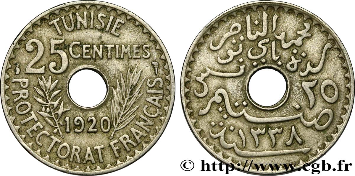 TUNESIEN - Französische Protektorate  25 Centimes AH1338 1920 Paris fVZ 