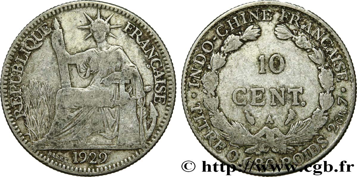 INDOCHINE FRANÇAISE 10 Centièmes 1929 Paris TB 