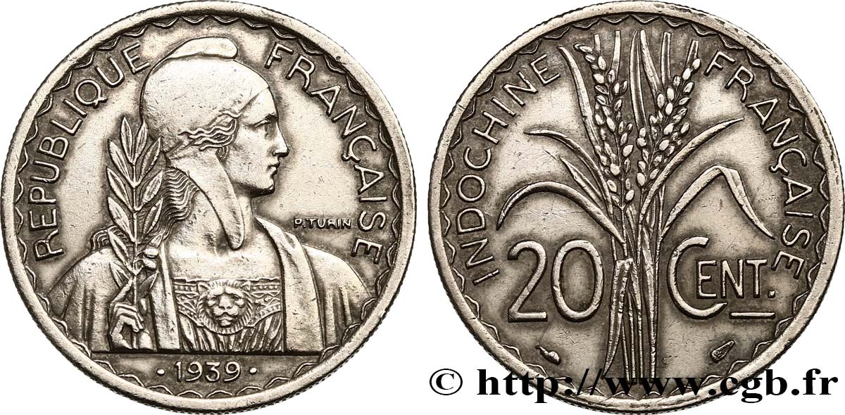 INDOCHINE FRANÇAISE 20 Centièmes 1939 Paris SUP 