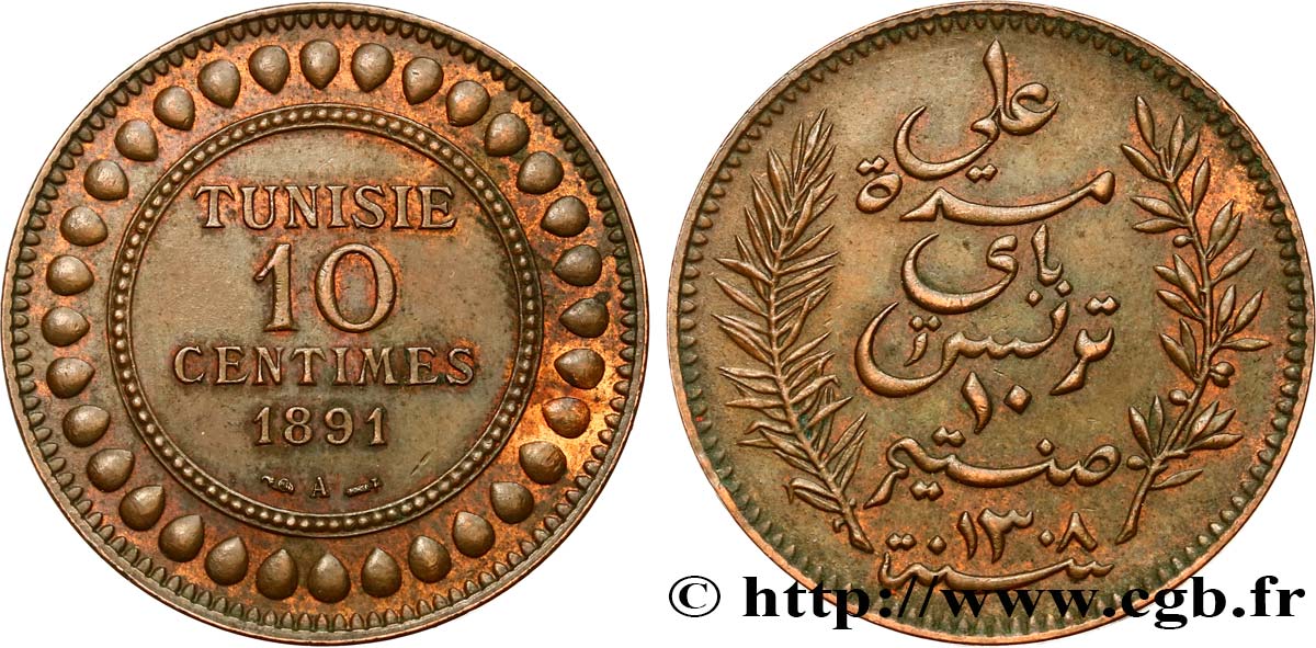 TUNISIE - PROTECTORAT FRANÇAIS 10 Centimes AH1308 1891 Paris SUP 