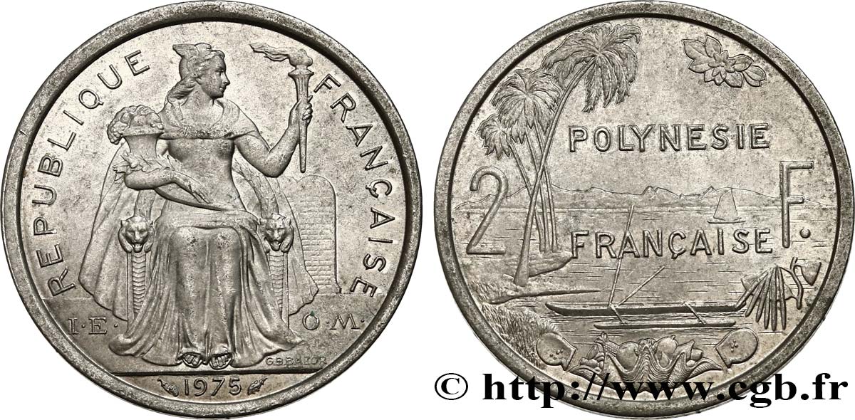POLINESIA FRANCESA 2 Francs I.E.O.M. Polynésie Française 1975 Paris EBC 