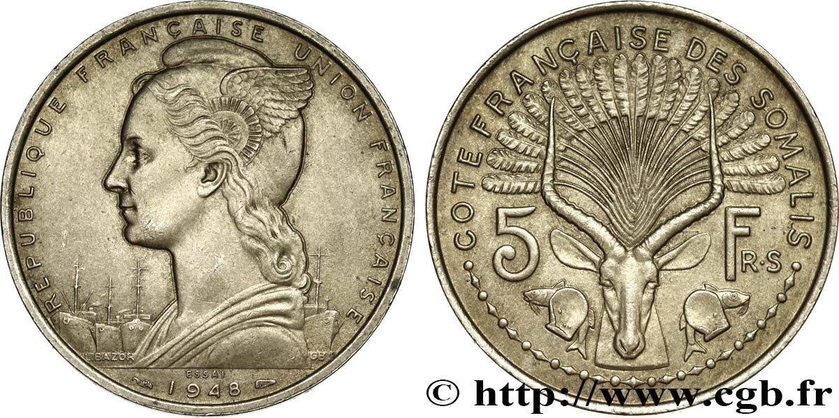 SOMALIA FRANCESA Essai de 5 Francs 1948 Paris EBC 