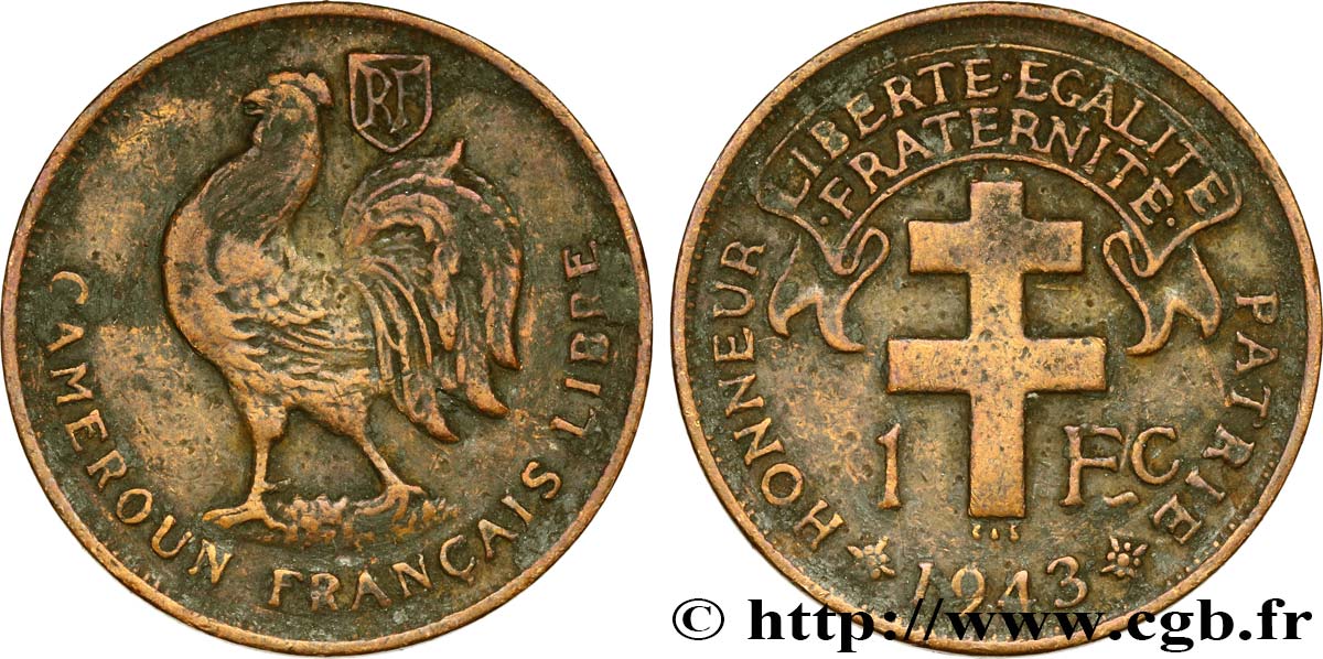 KAMERUN - FRANZÖSISCHE MANDAT 1 Franc ‘Cameroun Français Libre’ 1943 Prétoria fSS 