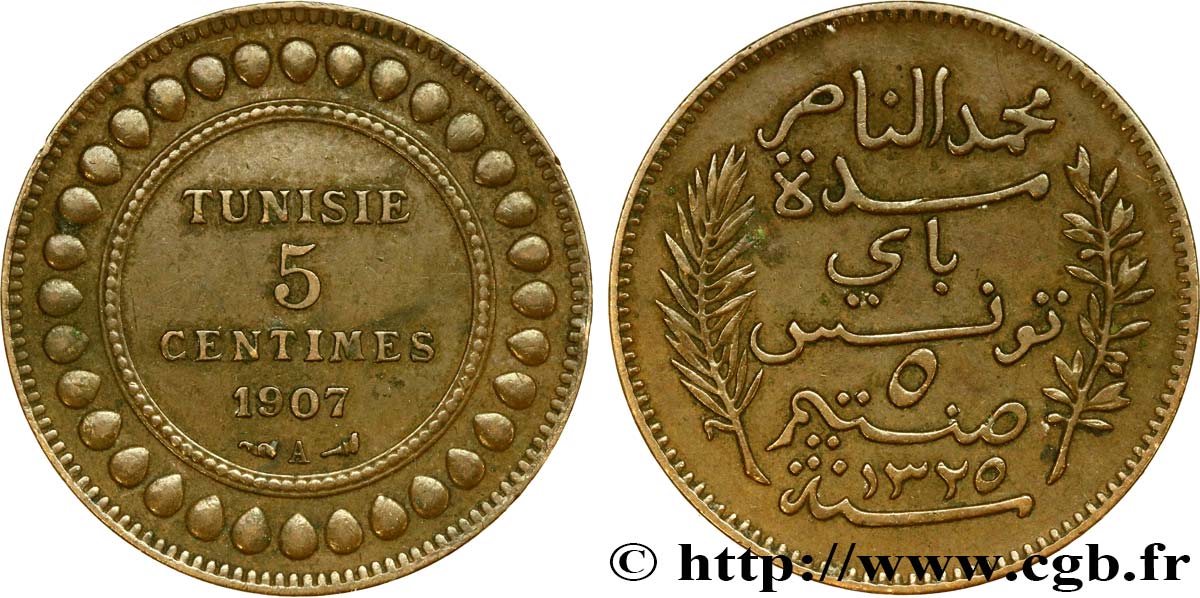 TUNISIA - Protettorato Francese 5 Centimes AH1325 1907 Paris BB 