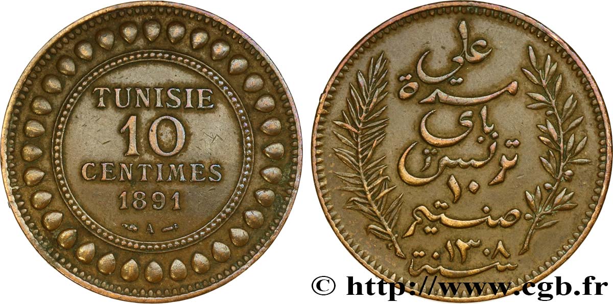 TUNESIEN - Französische Protektorate  10 Centimes AH1308 1891 Paris SS 