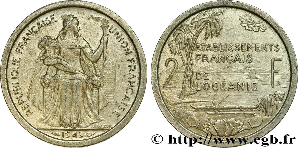 FRENCH POLYNESIA - Oceania Francesa 2 Francs Union Française 1949 Paris EBC 