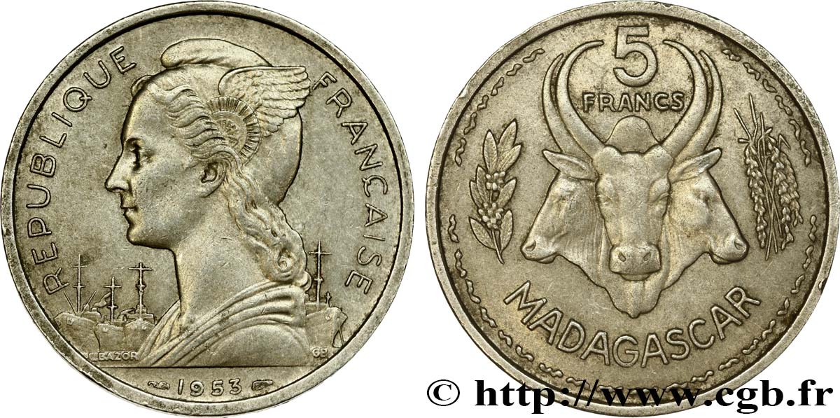 MADAGASKAR - FRANZÖSISCHE UNION 5 Francs Marianne / buffles 1953 Paris VZ 