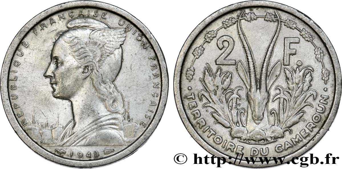 CAMEROON - FRENCH UNION 2 Francs Marianne / antilope 1948 Paris AU 