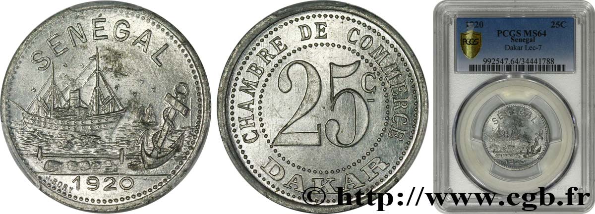 AFRIQUE FRANÇAISE - SÉNÉGAL 25 Centimes Chambre de Commerce Dakar 1920  SC64 PCGS
