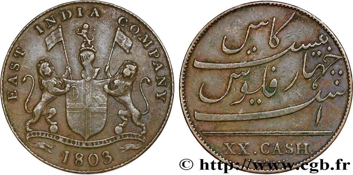 ISLE OF FRANCE (MAURITIUS) XX (20) Cash East India Company 1803 Madras XF 