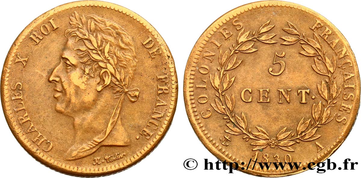 COLONIAS FRANCESAS - Charles X, para Guayana 5 Centimes Charles X 1830 Paris - A MBC 