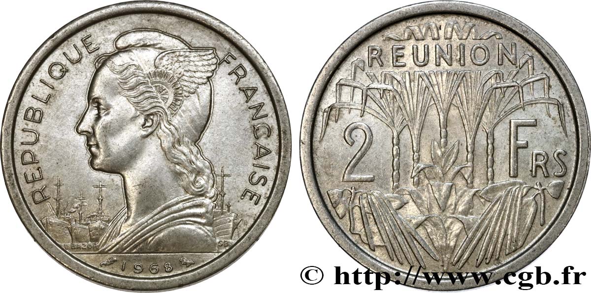 ISLA DE LA REUNIóN 2 Francs Marianne / canne à sucre 1968 Paris EBC 