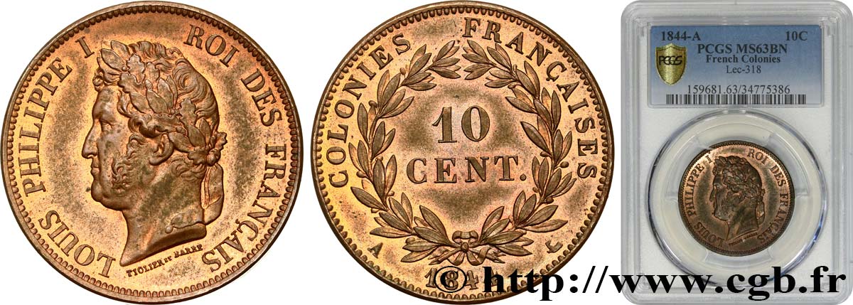 COLONIE FRANCESI - Luigi Filippo, per Isole Marchesi 10 Centimes 1844 Paris MS63 PCGS