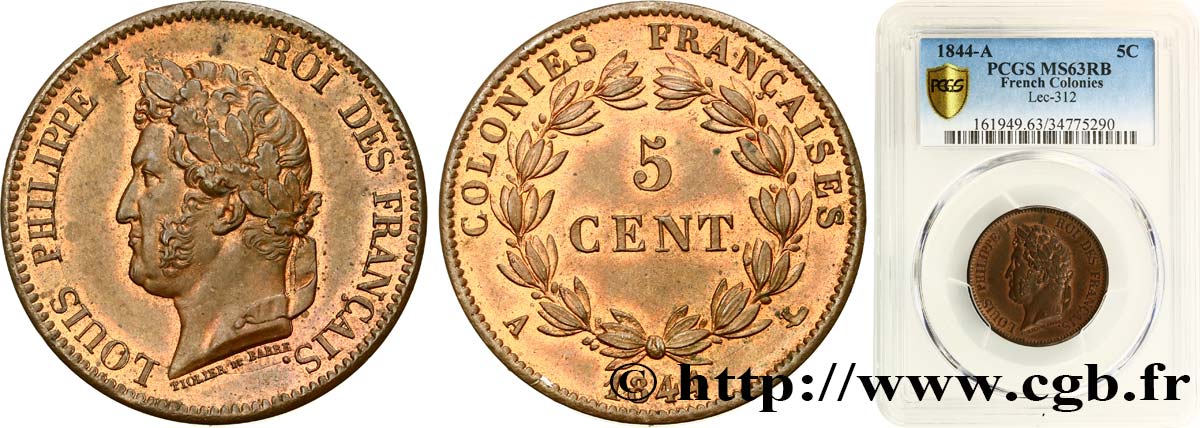 FRENCH COLONIES - Louis-Philippe, for Marquesas Islands 5 centimes 1844 Paris MS63 PCGS