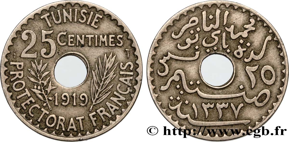 TUNISIA - French protectorate 25 Centimes AH1337 1919 Paris XF 