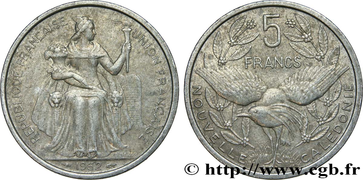 NEW CALEDONIA 5 Francs Union Française représentation allégorique de Minerve / Kagu, oiseau de Nouvelle-Calédonie 1952 Paris XF 