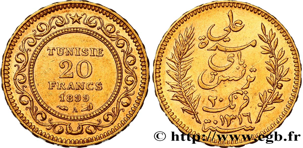 TUNEZ - Protectorado Frances 20 Francs or Bey Ali AH 1317 1899 Paris EBC 
