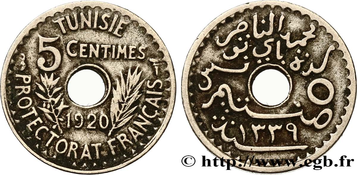 TUNISIA - French protectorate 5 Centimes AH1339 1920 Paris XF 