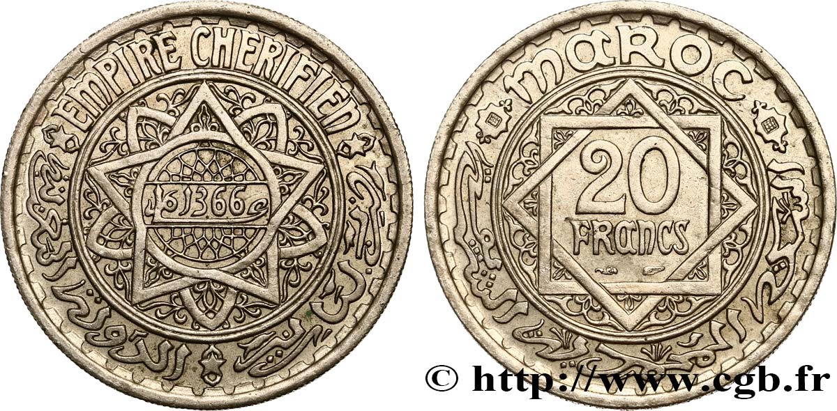 MARUECOS - PROTECTORADO FRANCÉS 20 Francs AH 1366 1947 Paris EBC 