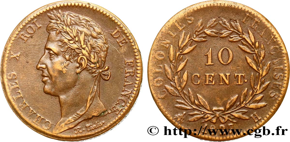 COLONIAS FRANCESAS - Charles X, para Martinica y Guadalupe 10 Centimes Charles X 1827 La Rochelle - H MBC 