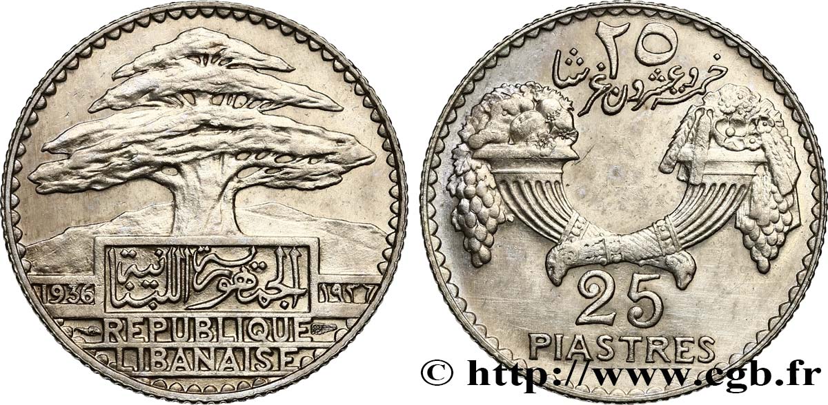 III REPUBLIC - LEBANON 25 Piastres Cèdre du Liban 1936 Paris MS 